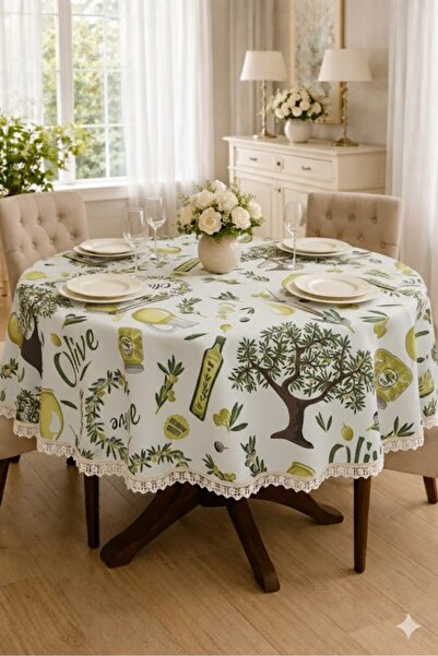 Rona Home Luxury Round Tablecloth with Olive Branch Pattern and Laced Edge, S...
