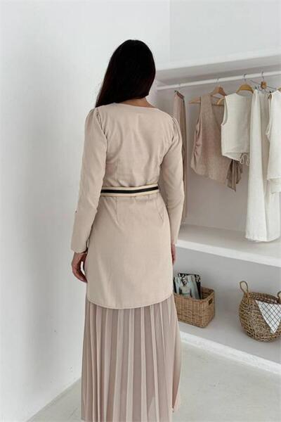 Neşeli Butik Women's Beige Pleated Skirt Look Full Length Dress with Belt Det...