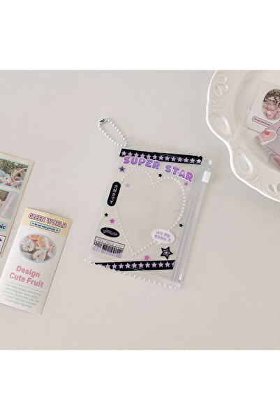 Choice حامل بطاقات شفاف لطيف بسحاب على الطراز الكوري الأرجواني، مع جيب للصور ...