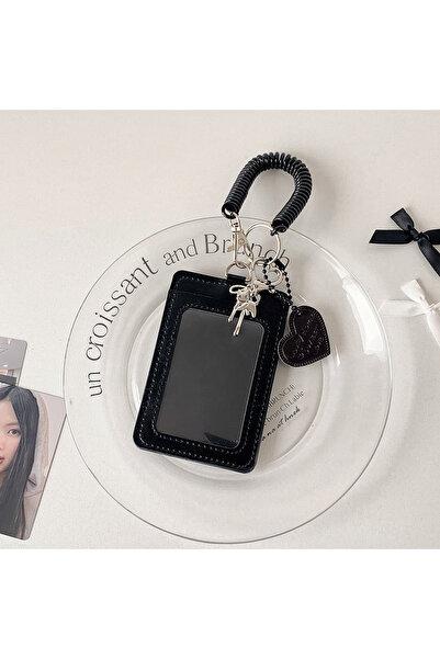 Choice black Customized card holder student solid color black PU hanging rope...