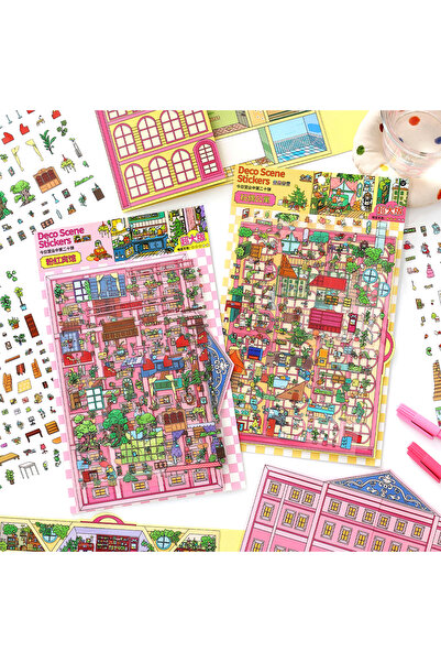 choice2 full set Kawaii Doll Apartment 3D Pink Hotel Landscape Sticker DIY Po...