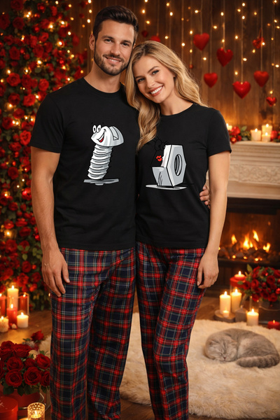 MVRDAR Couple's Pajama Set - T-shirt and Pajama Pants, Cotton, Valentine's an...