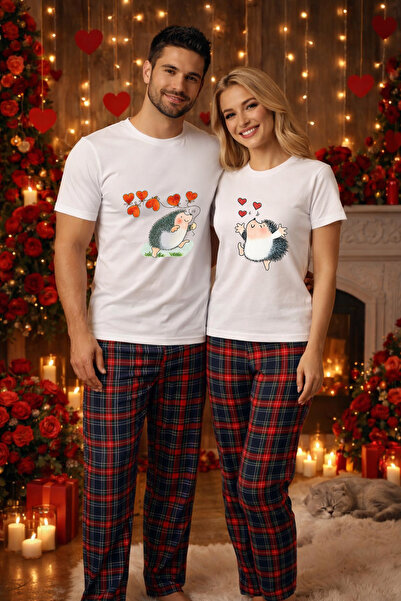 MVRDAR Couple's Pajama Set - T-shirt and Pajama Pants, Cotton, Valentine's an...