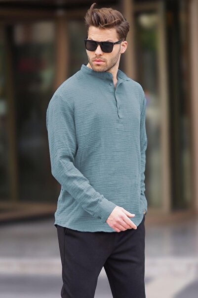 Madmext Blue Muslin Long Sleeve Men's Shirt 6742