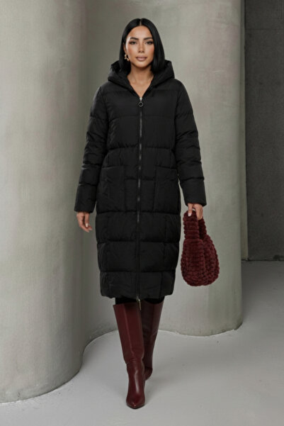 ALFUDO Moda Collection Black Hooded Long Puffer Jacket