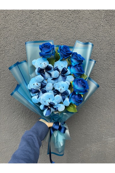Fluemons Ayıcık Buketi, Mavi Ayıcık ve Çiçek Buketi, Sevgililer Günü Hediyesi...