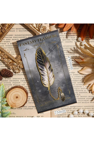 Choice Black Vintage Feather Gold Stamped Metal Bookmark with Metal Chain Pen...