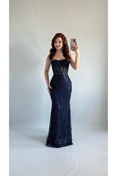 AYŞENUR DİNÇER Valeri Straplez Taşlı Abiye Lacivert