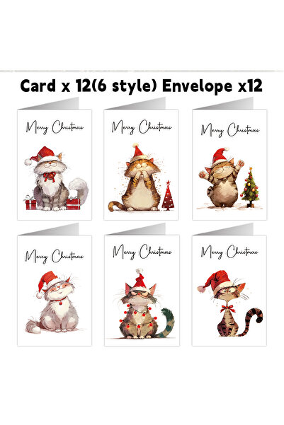 Choice 12 بطاقة معايدة لعيد الميلاد عليها صورة قطة ترتدي قبعة سانتا مع أظرف، ...