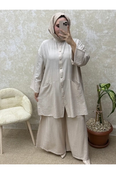 İLGEN FASHİON Wide-Leg Shirt with Button-Up Pocket Detail Strawberry Suit