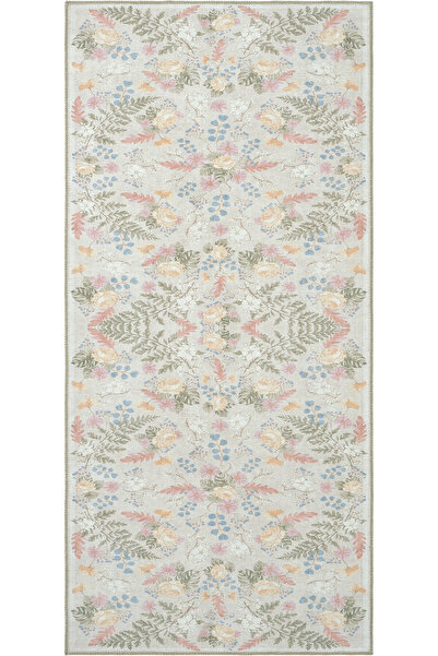 Cool Halı Florence Krem Yeşil Çiçekli Dekoratif Bohem Eskitme Yıkanabilir Lek...
