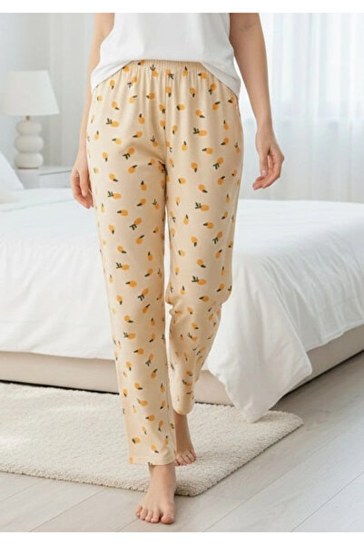 Erdenay Tekstil Silky Textured Suede Pajama Bottoms with Lemon Pattern