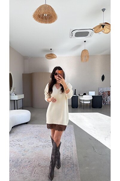 Buket Teke Cream Brown Lace Sweater Dress