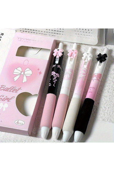 Choice أقلام حبر جاف قابلة للسحب بتصميم كرتوني لطيف، 4 قطع، لون وردي، بمقبض ن...