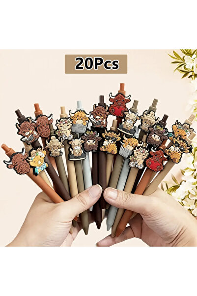 Choice ٢٠ قلمًا مطبوعًا عليه صورة بقرة هايلاند لطيفة، حبر أسود، قابل للسحب، ط...