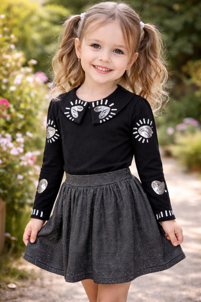 Yalçınoğlu Kids Girl's Black Patterned Blouse & Glitter Skirt Set I Special D...