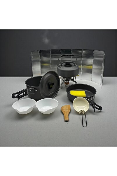 cc bin shihon 11-piece cookware set with portable gas stove, small camping co...