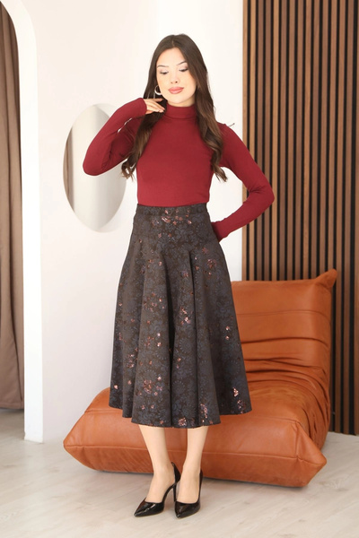 lodmela Printed and Sequined Velvet Flared Skirt 6070-Brown/Indigo