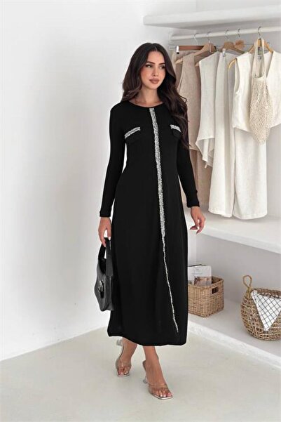 Neşeli Butik Women Stone Striped Detail Long Sleeve Midi Length Casual Dress ...
