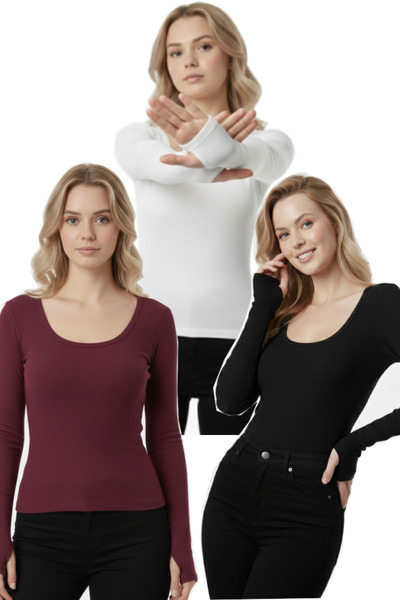 RİEMA Kadın 3'lü Parmak Detaylı 3'lü Set Parmak Geçirmeli %95 Pamuk U Yaka Uz...