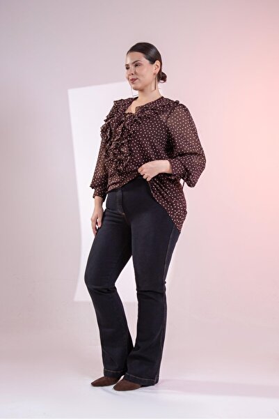 Roxxlen Büyük Beden Kadın Zenit Hardal Dikişli Siyah Pantolon