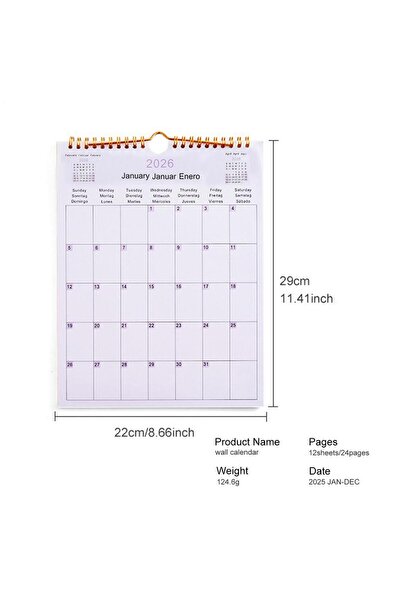 Choice تقويم حائط متعدد اللغات لعام 2026، مقاس 22×29 سم، مخطط حلزوني لـ 12 شه...