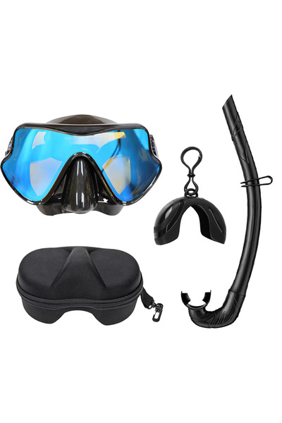 Choice قناع غطس أسود-أزرق-نظارات غطس، أنبوب سيليكون قابل للطي، مرآة، زجاج مقوى