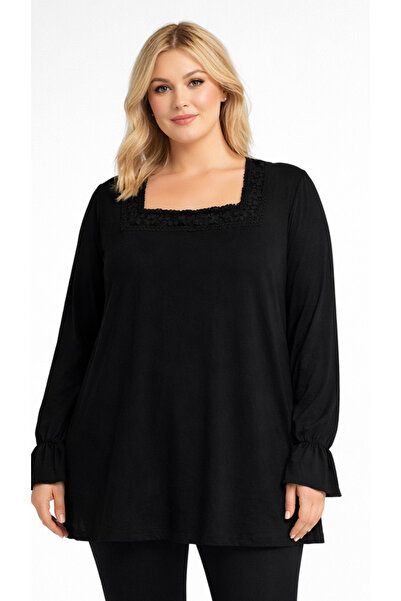 HÜLYA BUTİK Kadın büyük beden siyah kare yaka dantel detaylı uzun lastikli bo...