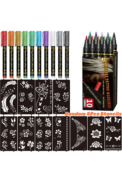 Choice أقلام وشم مؤقتة للبشرة، 10 ألوان - 5 قوالب، أقلام وشم برأس فرشاة، ألوا...