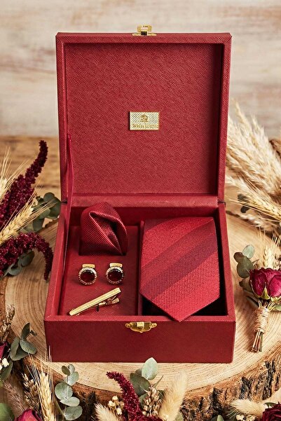 Kravatkolik Red Men's Gift Box - Tie Cufflink Tie Clip Kmk128