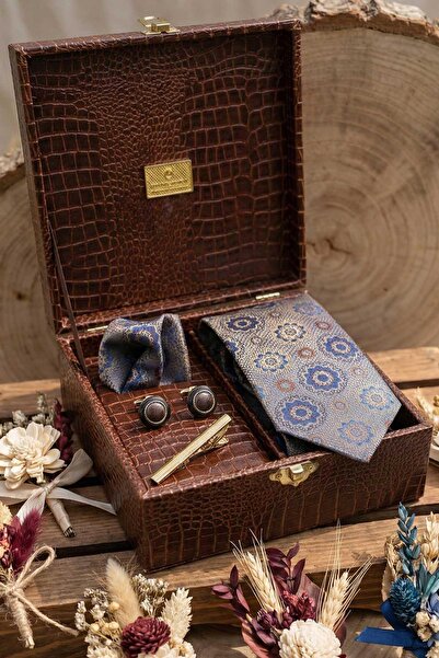 Kravatkolik Brown Men's Gift Box - Tie Cufflink Tie Clip Kmk125