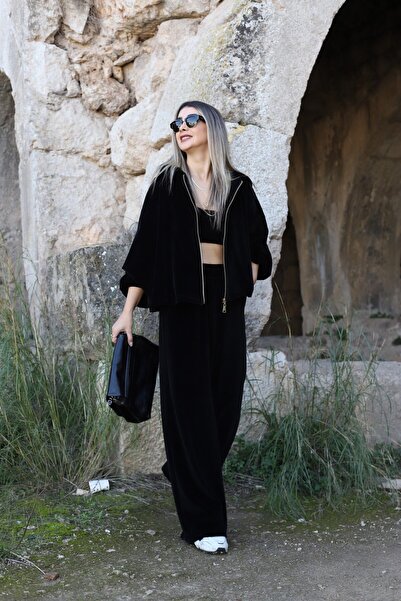 bytugcekaya Black Velvet Triple Zipper Suit