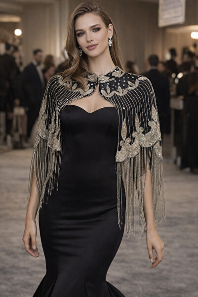 CROCUS DESIGN Silver Foil Pattern Beading Fringed Velvet Cape