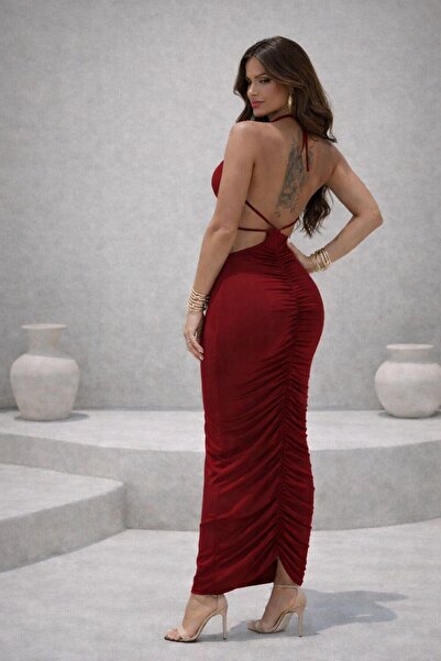 pink life Red Sandy Fabric Buckle Detail Low-Cut Midi Dress