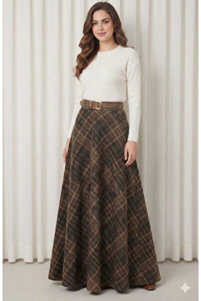 Enga Vera Women's Plaid Pattern Skirt Long High Waist with Belt Casual Stylis...