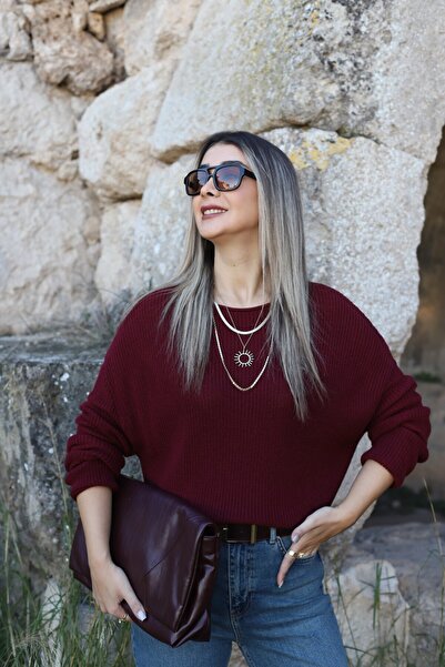 bytugcekaya Burgundy Standard Size Boat Neck Knit Sweater