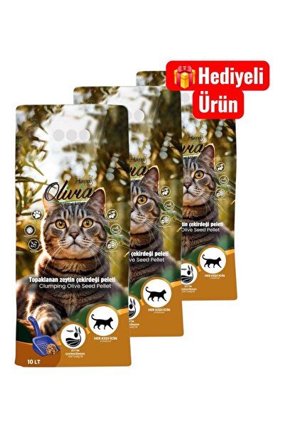 happycatlitter Parfümsüz Topaklanan Zeytin Çekirdeği Pelet Kedi Kumu 3x10L|Ko...