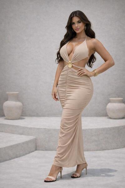 pink life Rochie midi decoltată cu cataramă din țesătură bej Sandy