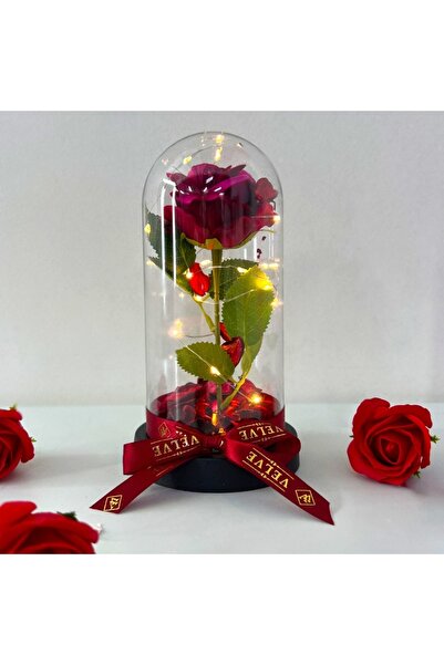 velve Trandafir artizanal in cupola cu petale decorative pe blat negru, LED, ...