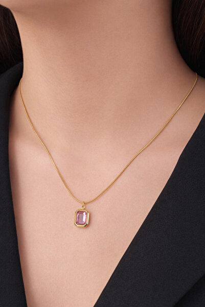 HOUSEKİ Vintage Minimal Rectangular Colored Stone Steel Necklace