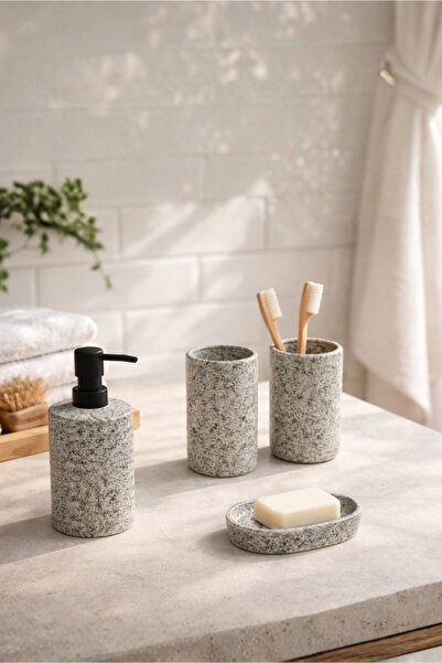 HOMİNG 4 Piece Ceramic Bathroom Set with Natural Stone Look