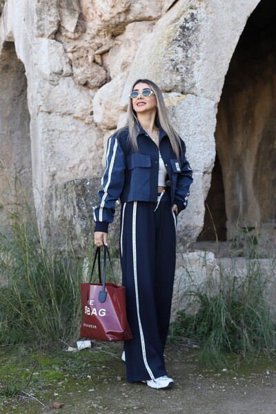 bytugcekaya Navy blue striped technical fabric detailed jacket and trousers set