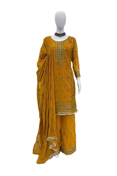 MYSMAR Yellow Faux Gorgette Embroider Salwaar Kameez Dupatta - FFT18207 | Yellow