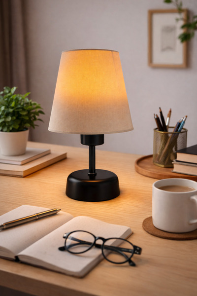 Natiorj Krem Konik Şapkalı Pilli Siyah Masa Lambası Kafe Salon Yatak Odası Pr...