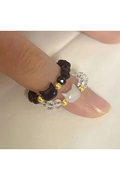 esdekor Ring Pair Set Fashion Black and White Cat Beaded Ring Set