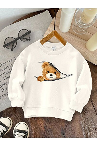 Kids Fermuarlı Kedi Baskılı Kız Kışlık Çocuk Sweatshirt Beyaz