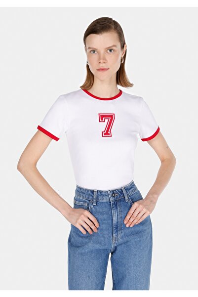 Colin's Tricou alb cu mânecă scurtă pentru femei, cu decolteu rotund, slim fit