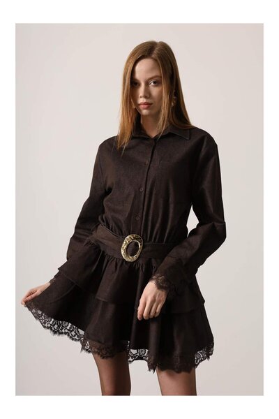 Coral Eteği Tüllü Kuşaklı Elbise 35544 Kahve