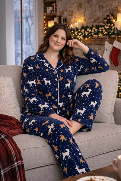 lacelove Winter New Year Patterned Women's Shirt Fleece Pajama Set - New Year...