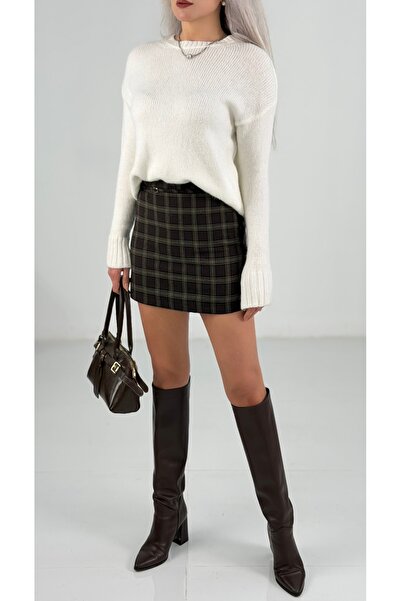 Elvan Güven Kahve Yüksek Bel Ekose Mini Şort Etek